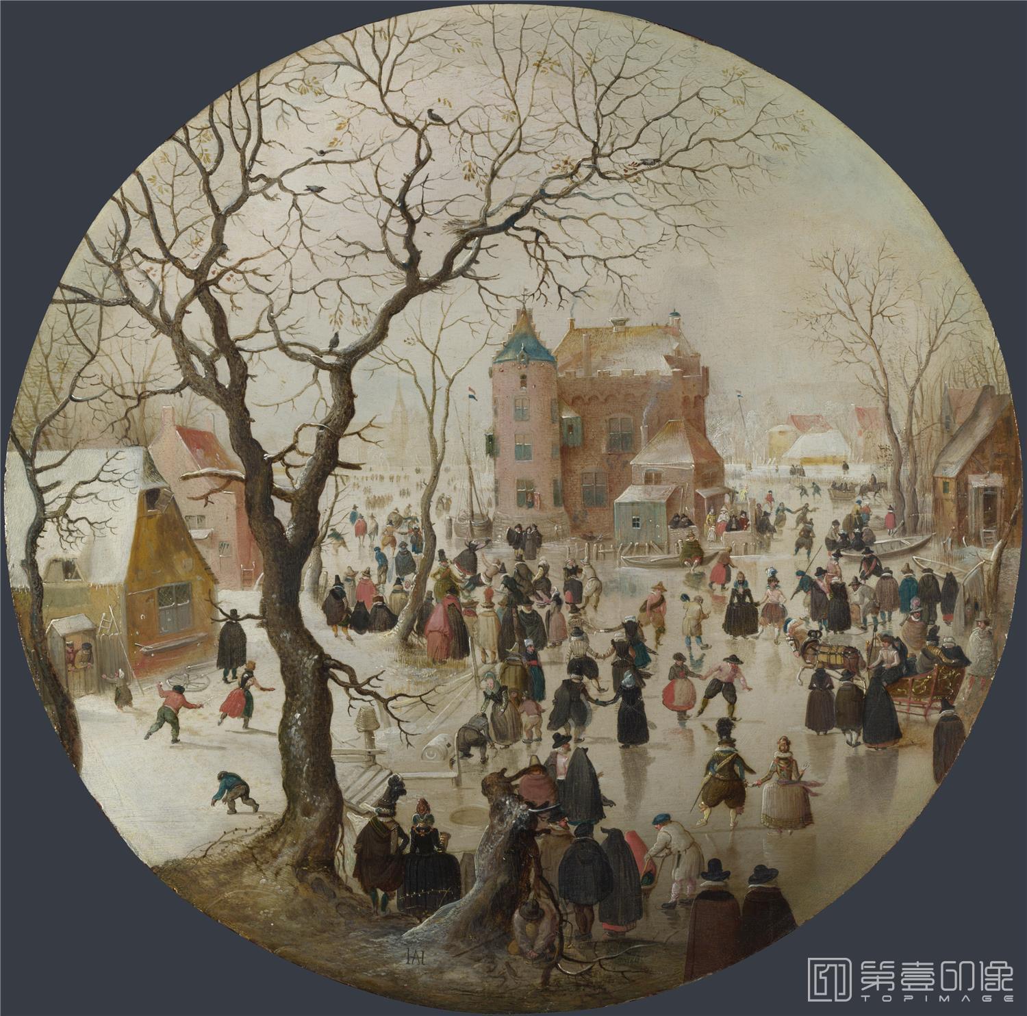 油画-大英博物馆藏画-Hendrick Avercamp - A Winter Scene with Skaters near a Castle-1091